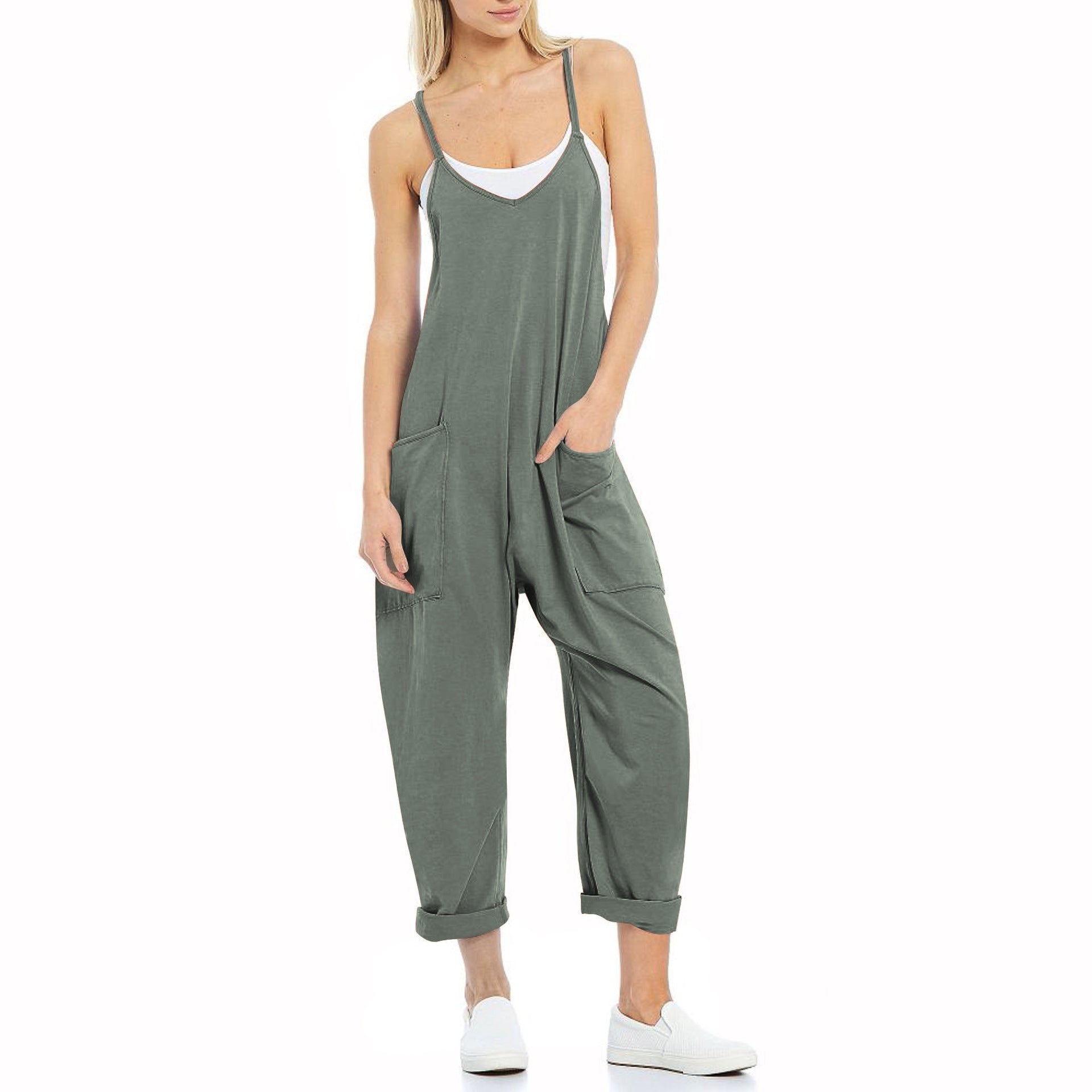 Women's Spaghetti Strap Loose Jumpsuit — Soft Fleece Relaxed Fit One-Piece with Deep Patch Pockets & Adjustable Straps, Cropped Leg Romper in 10+ Colors