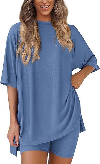 Women's Oversized Lounge Set 2 Piece — Short Sleeve Tee & Biker Shorts | Casual Comfy Matching Outfit