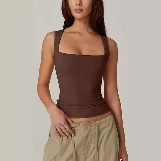 Women's Square Neck Sleeveless Tank Top — Double Layer Slim Fit Basic Crop Tee, Wide Strap Cami Shirt in 14 Colors