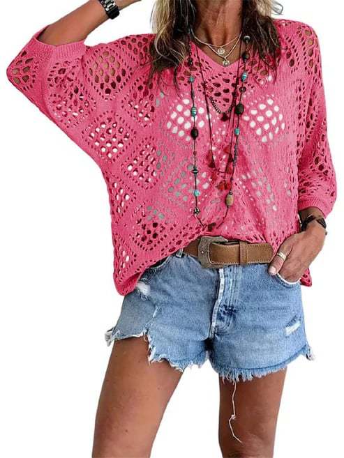 Women's Boho Crochet Hollow-Out Knit Top | V-Neck Batwing Sleeve Beach Cover-Up Sweater | S-5XL