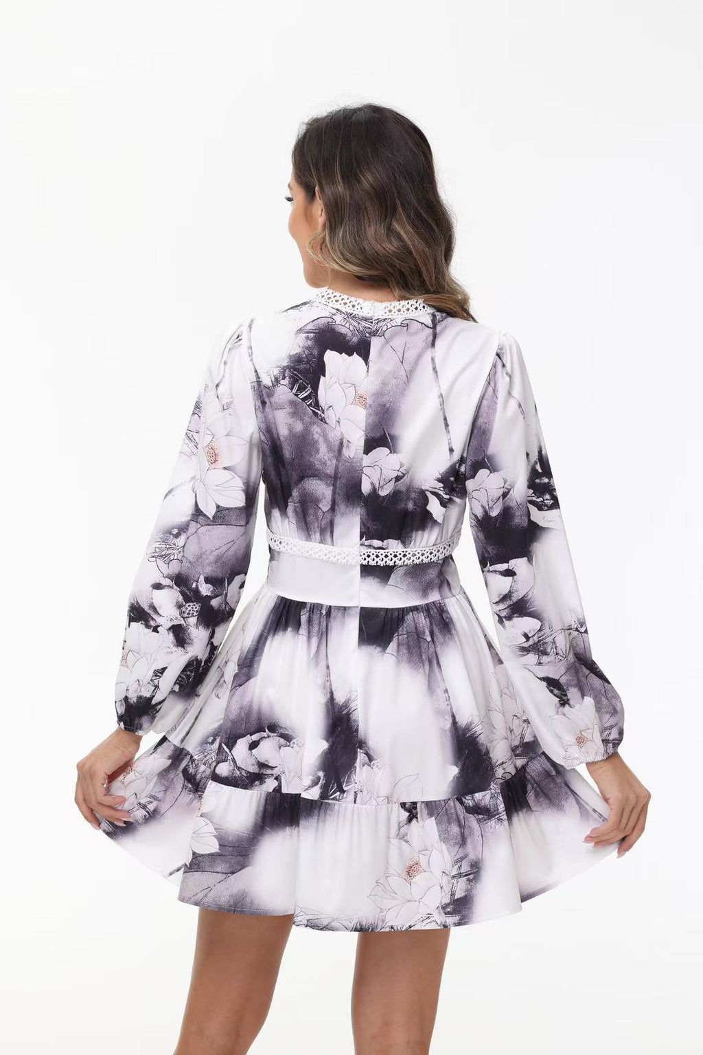 Women's V-Neck Lace Trim Floral Mini Dress — Romantic Puff Sleeve Tiered Ruffle Skirt Short Dress, Sweet Boho Floral Party Dress S–XXXL in 9 Prints