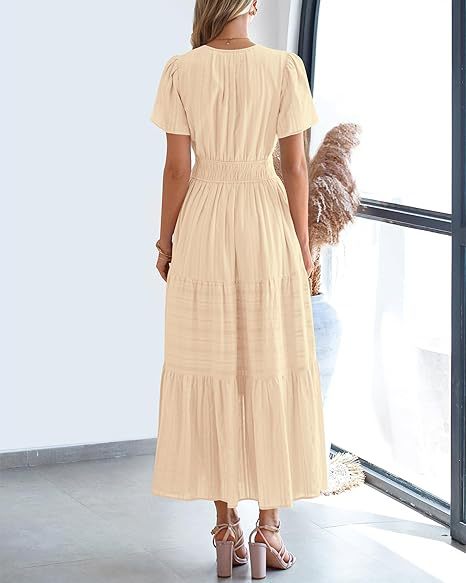 Women's V-Neck Smocked Waist Tiered Midi Dress — Flowy Puff Sleeve Boho Maxi Dress with Elastic Waist & Ruffle Tiered Skirt, Summer Casual Party Dress in 14 Colors S–XXL