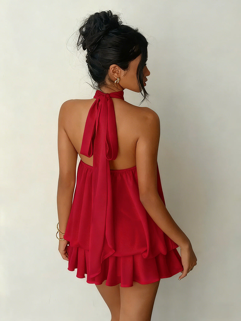 Sexy Chiffon Halter Mini Dress for Women, Island Vacation Backless Flowy Beach Dress, Summer Tea Dress