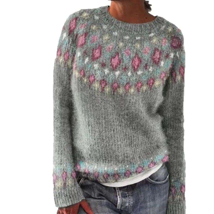 Women's Vintage Colorblock Knit Sweater | Boho Folk Floral Crew Neck Oversized Pullover | Fall Winter Top