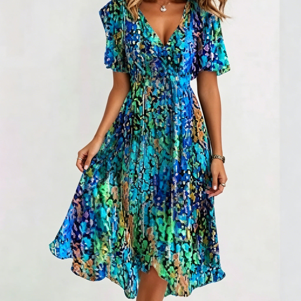 Women's V-Neck Floral Chiffon Midi Dress — Flutter Sleeve Tie Waist Boho Wrap Dress with Handkerchief Hem, Flowy Casual Summer Beach Dress S–3XL in 16 Prints