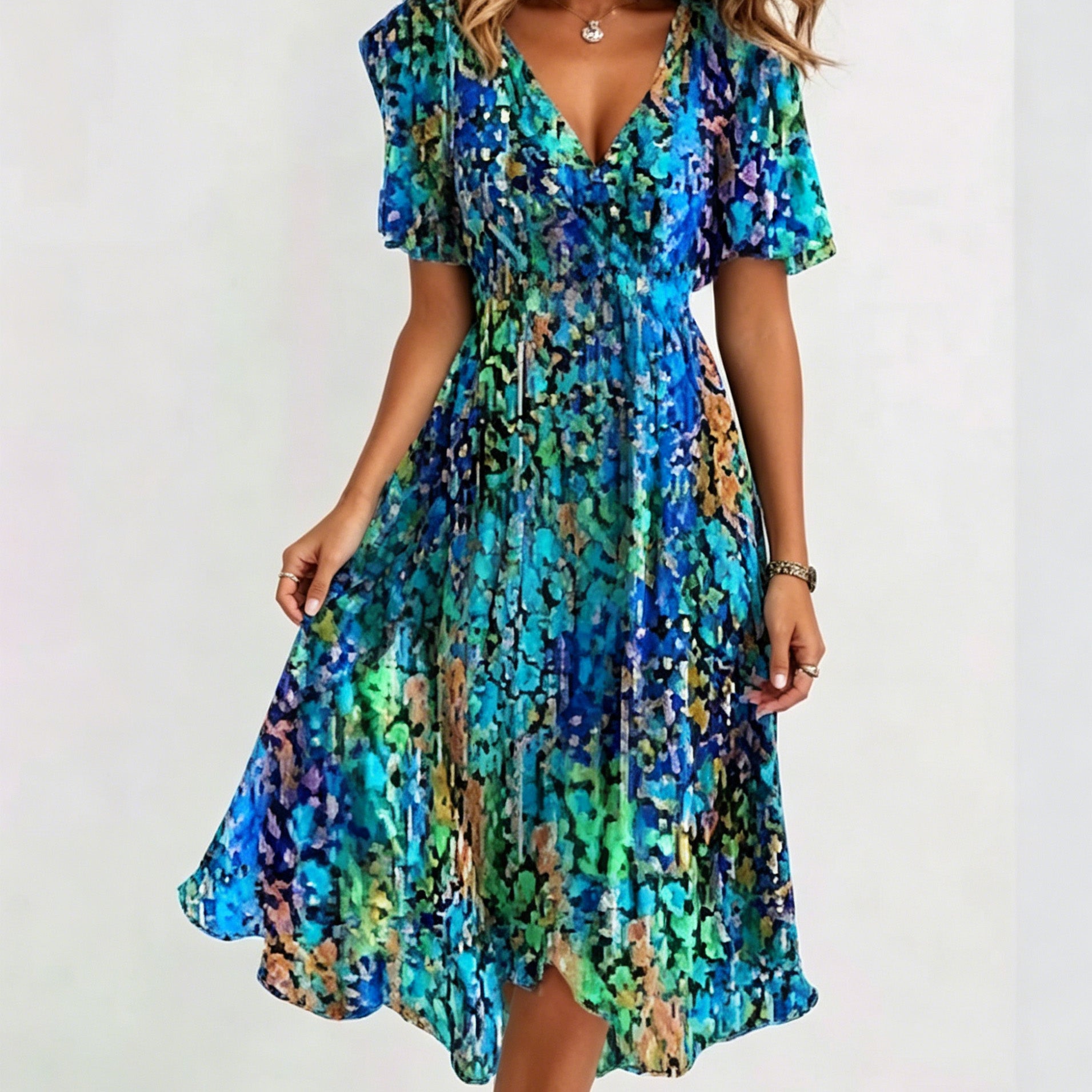 Women's V-Neck Floral Chiffon Midi Dress — Flutter Sleeve Tie Waist Boho Wrap Dress with Handkerchief Hem, Flowy Casual Summer Beach Dress S–3XL in 16 Prints