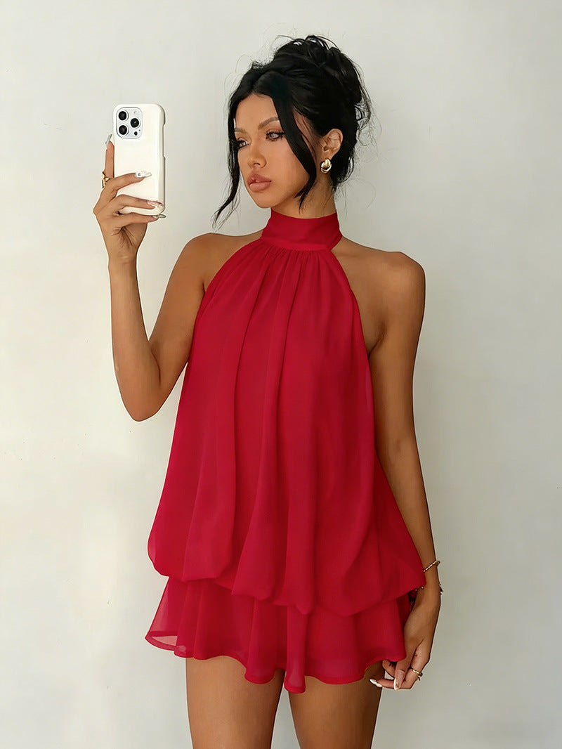 Sexy Chiffon Halter Mini Dress for Women, Island Vacation Backless Flowy Beach Dress, Summer Tea Dress