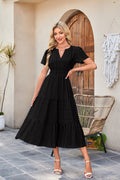 Women's V-Neck Smocked Waist Tiered Midi Dress — Flowy Puff Sleeve Boho Maxi Dress with Elastic Waist & Ruffle Tiered Skirt, Summer Casual Party Dress in 14 Colors S–XXL