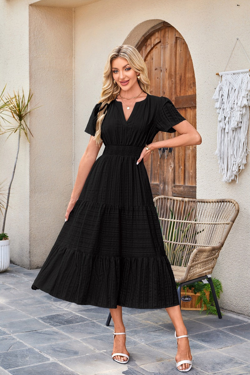 Women's V-Neck Smocked Waist Tiered Midi Dress — Flowy Puff Sleeve Boho Maxi Dress with Elastic Waist & Ruffle Tiered Skirt, Summer Casual Party Dress in 14 Colors S–XXL
