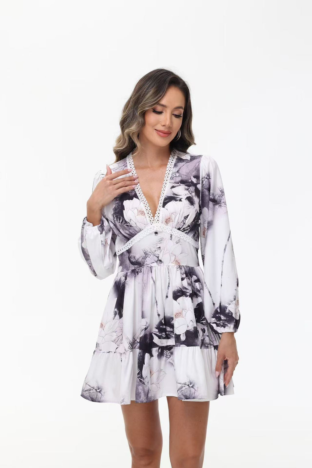 Women's V-Neck Lace Trim Floral Mini Dress — Romantic Puff Sleeve Tiered Ruffle Skirt Short Dress, Sweet Boho Floral Party Dress S–XXXL in 9 Prints