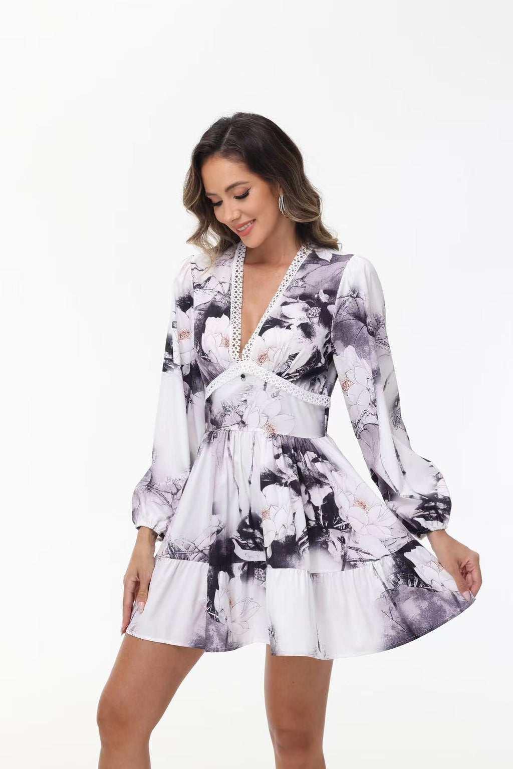 Women's V-Neck Lace Trim Floral Mini Dress — Romantic Puff Sleeve Tiered Ruffle Skirt Short Dress, Sweet Boho Floral Party Dress S–XXXL in 9 Prints