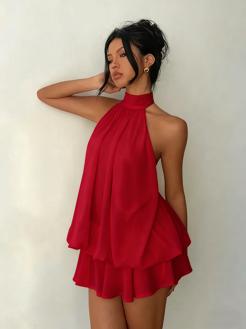 Sexy Chiffon Halter Mini Dress for Women, Island Vacation Backless Flowy Beach Dress, Summer Tea Dress