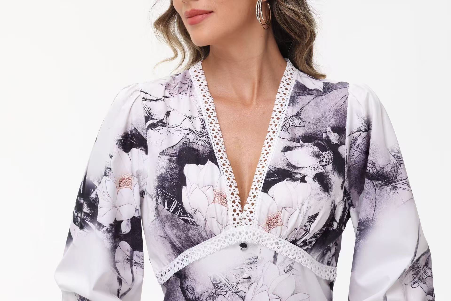 Women's V-Neck Lace Trim Floral Mini Dress — Romantic Puff Sleeve Tiered Ruffle Skirt Short Dress, Sweet Boho Floral Party Dress S–XXXL in 9 Prints