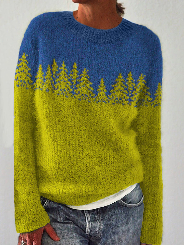 Women's Vintage Colorblock Knit Sweater | Boho Folk Floral Crew Neck Oversized Pullover | Fall Winter Top