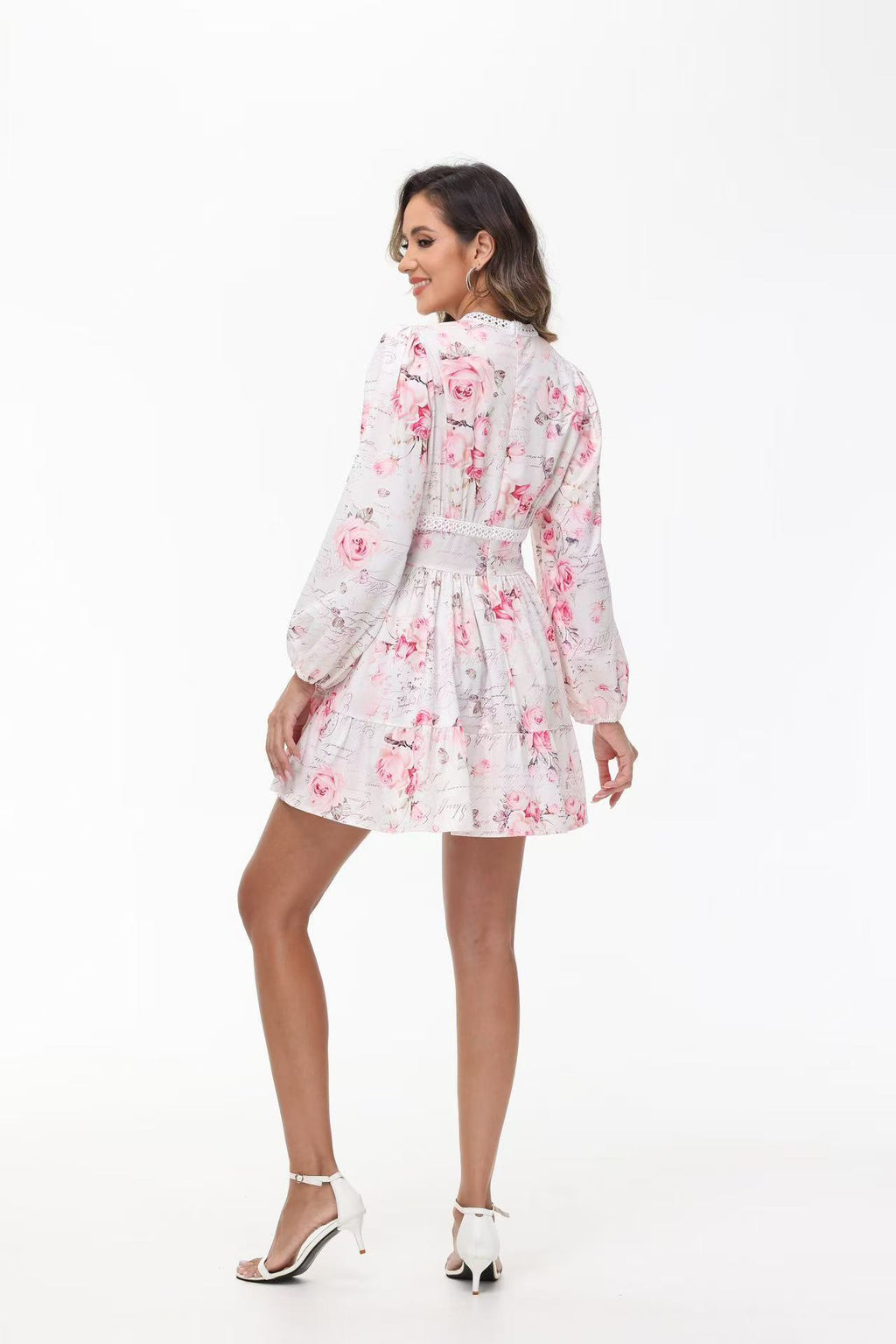 Women's V-Neck Lace Trim Floral Mini Dress — Romantic Puff Sleeve Tiered Ruffle Skirt Short Dress, Sweet Boho Floral Party Dress S–XXXL in 9 Prints