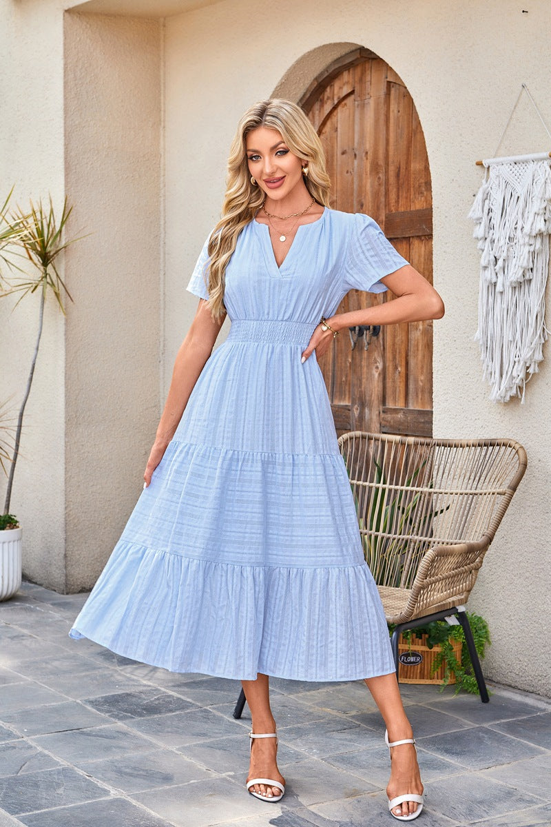 Women's V-Neck Smocked Waist Tiered Midi Dress — Flowy Puff Sleeve Boho Maxi Dress with Elastic Waist & Ruffle Tiered Skirt, Summer Casual Party Dress in 14 Colors S–XXL