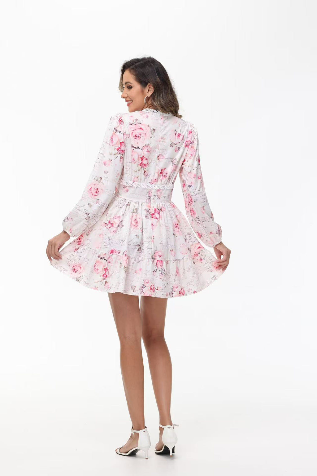 Women's V-Neck Lace Trim Floral Mini Dress — Romantic Puff Sleeve Tiered Ruffle Skirt Short Dress, Sweet Boho Floral Party Dress S–XXXL in 9 Prints