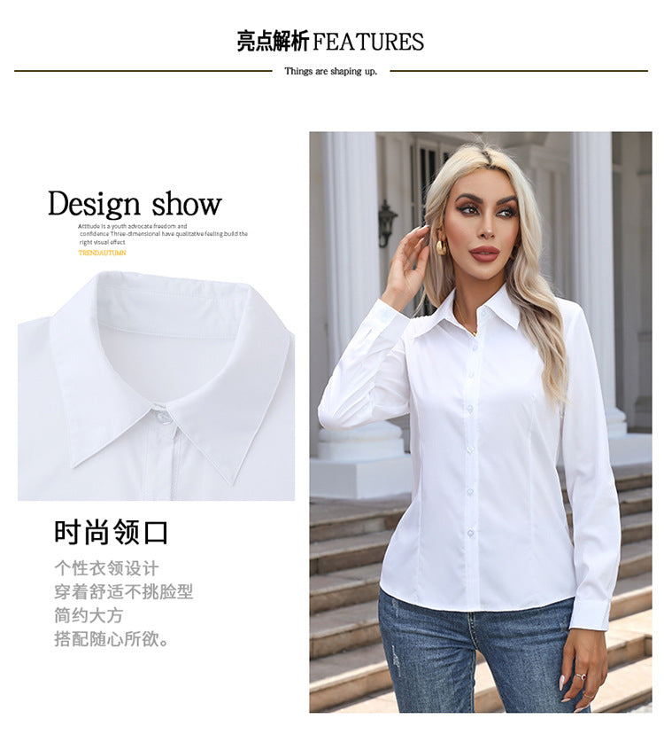 Women's Long Sleeve Button-Down Shirt | Elegant Solid Color Collared Blouse | Casual Office Fashion Top