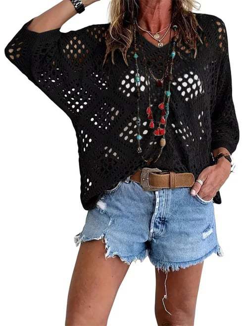 Women's Boho Crochet Hollow-Out Knit Top | V-Neck Batwing Sleeve Beach Cover-Up Sweater | S-5XL
