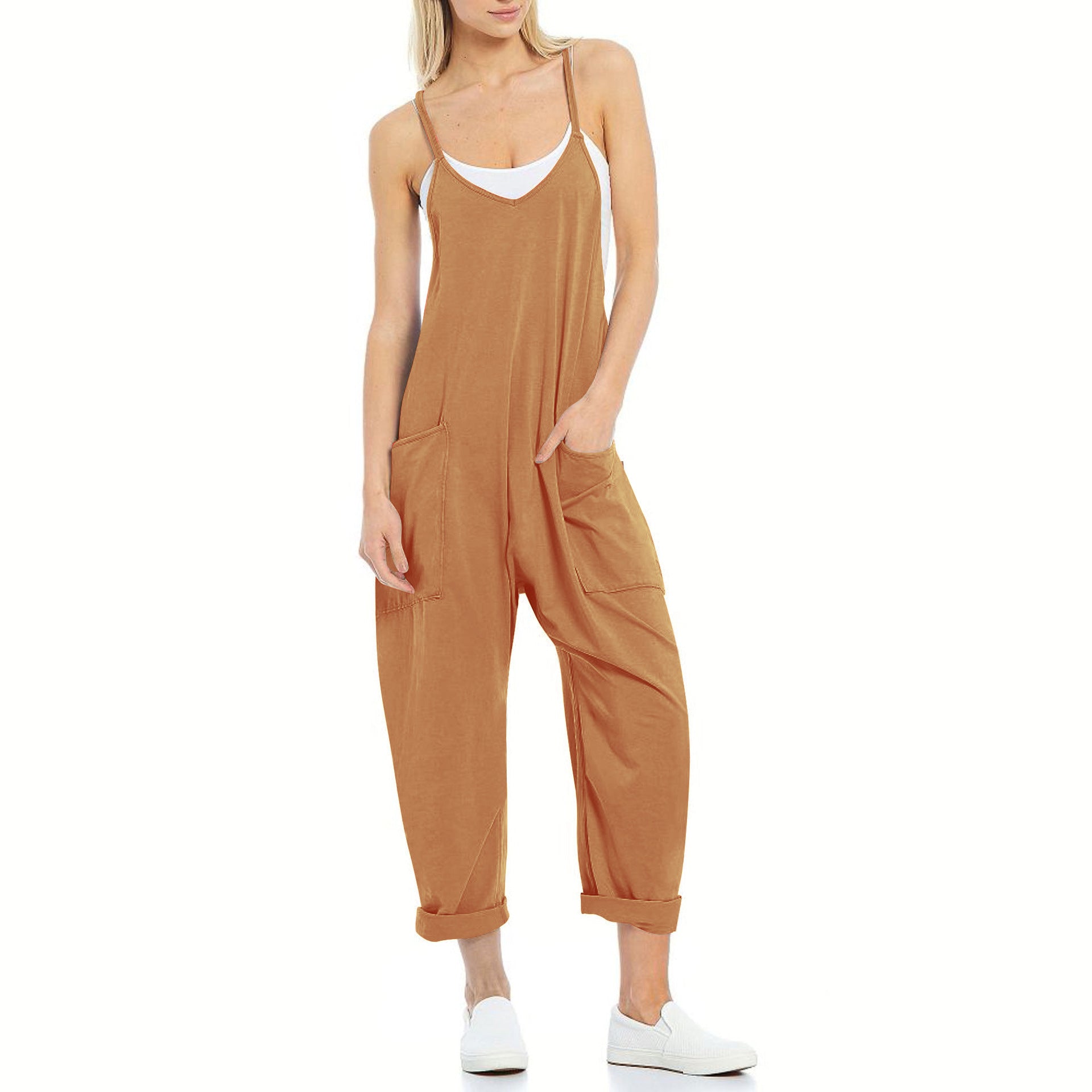 Women's Spaghetti Strap Loose Jumpsuit — Soft Fleece Relaxed Fit One-Piece with Deep Patch Pockets & Adjustable Straps, Cropped Leg Romper in 10+ Colors