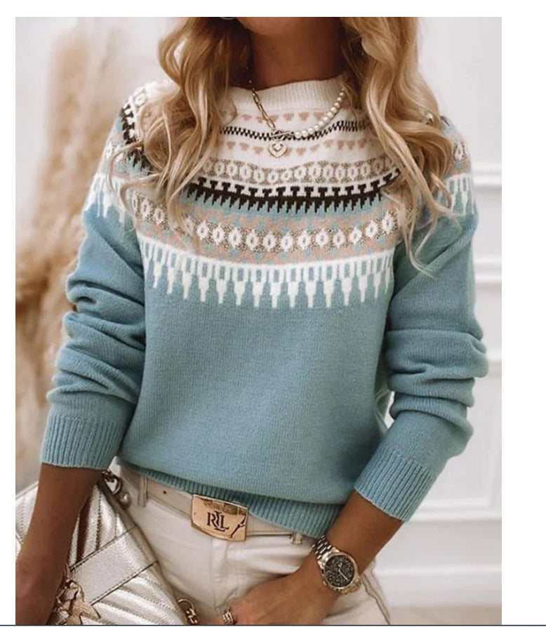 Women's Vintage Colorblock Knit Sweater | Boho Folk Floral Crew Neck Oversized Pullover | Fall Winter Top