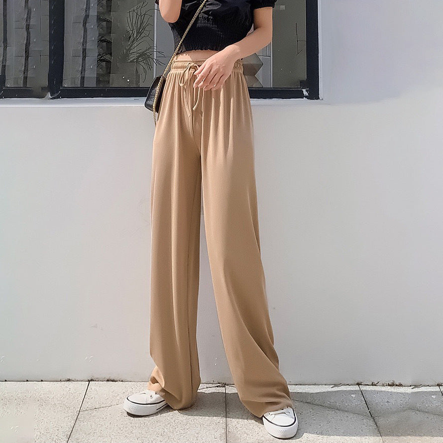 Women's Ice Silk Wide Leg Pants — High Waist Drawstring Flowy Trousers for Summer, Petite-Friendly Straight-Cut Lounge Pants