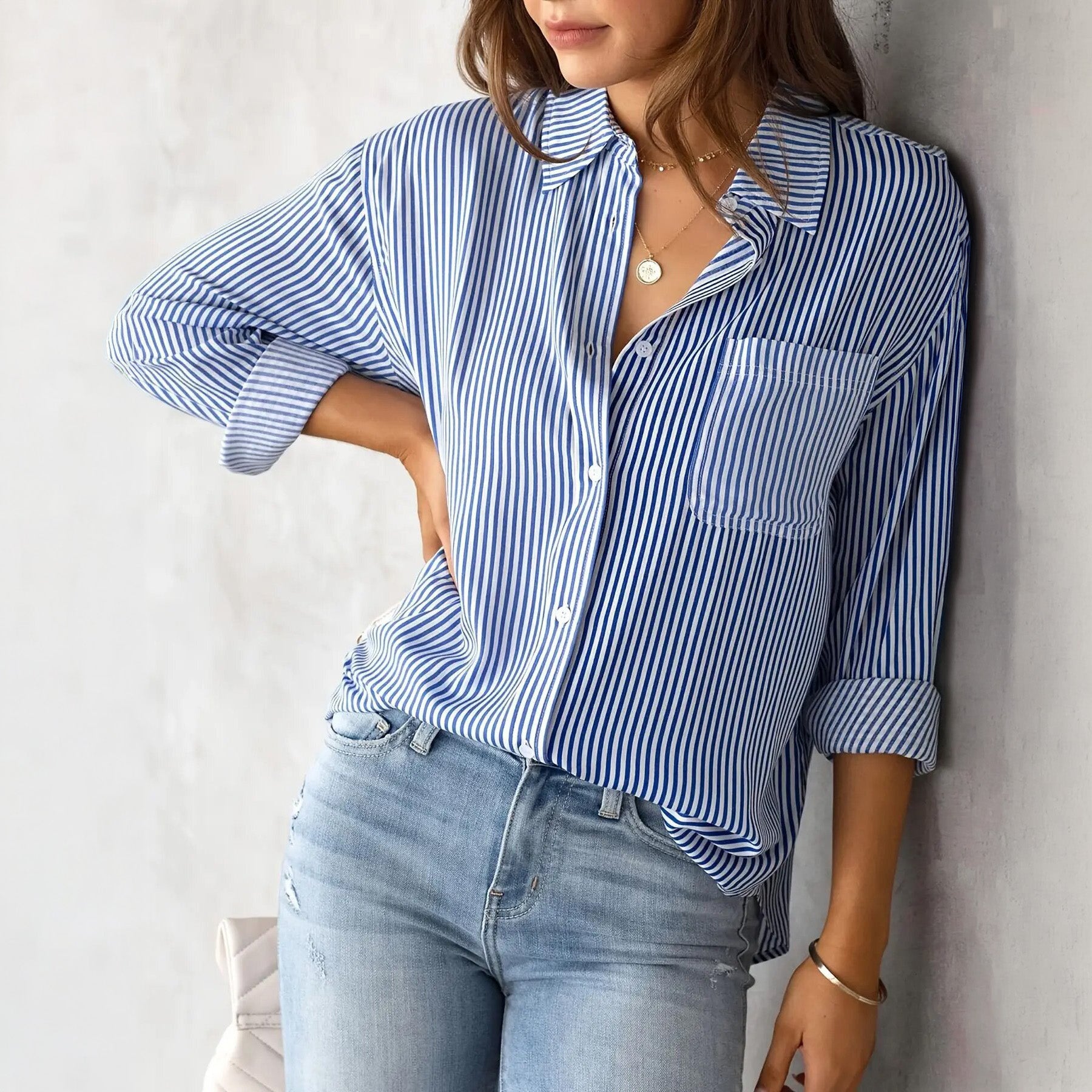 Women's Striped Oversized Button-Down Shirt — 4-Way Stretch Woven Long Sleeve Casual Blouse with Chest Pocket, Relaxed Fit Navy Pinstripe Top S–XXL