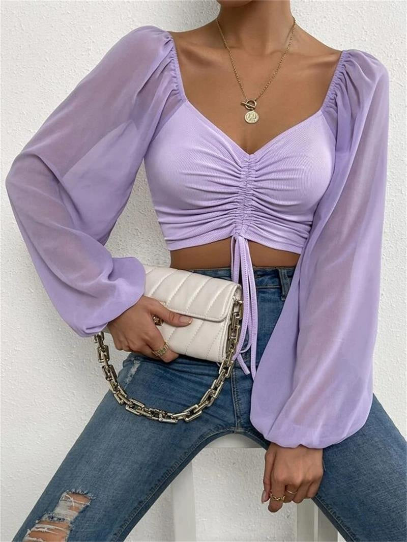 Ruched Front Crop Top for Women | V-Neck Lantern Sleeve Drawstring Fitted Blouse | Sexy Club Party Shirt