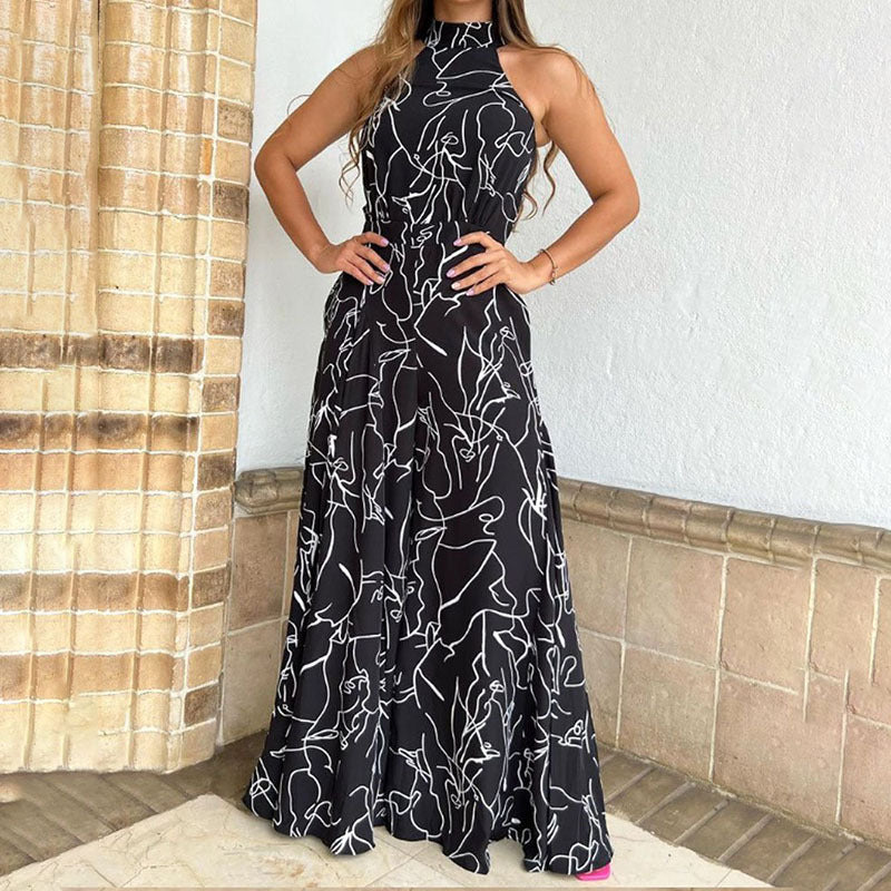 Summer New Arrival Ins Style Women's Round Neck Tie Waist Slim Fit Printed Jumpsuit