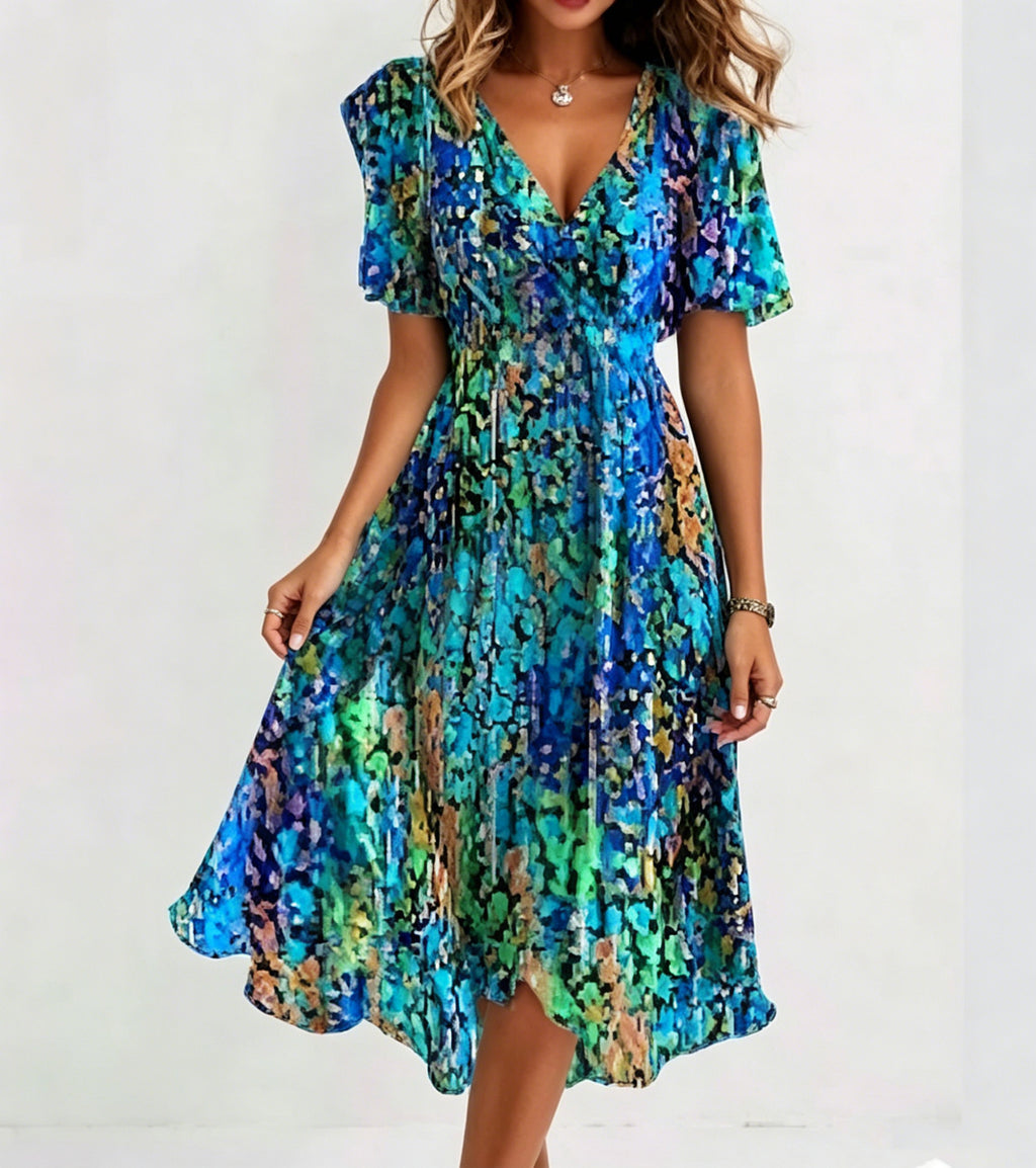 Women's V-Neck Floral Chiffon Midi Dress — Flutter Sleeve Tie Waist Boho Wrap Dress with Handkerchief Hem, Flowy Casual Summer Beach Dress S–3XL in 16 Prints