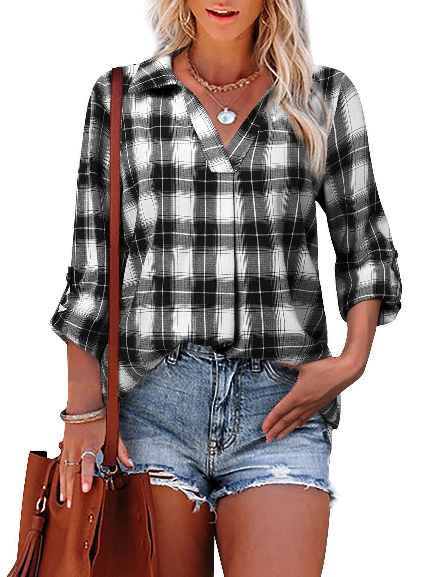 Women's Plaid V-Neck Long Sleeve Blouse — Relaxed Oversized Tartan Shirt with Turn-Down Collar & Roll-Up Sleeves, Casual Smart Pullover Top for Spring Fall