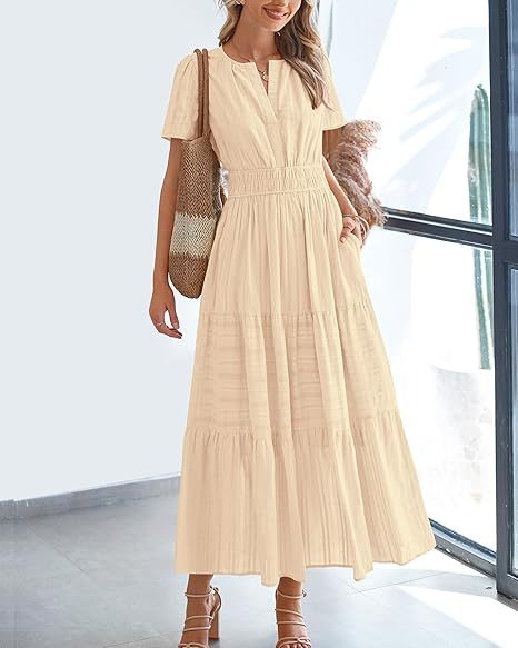 Women's V-Neck Smocked Waist Tiered Midi Dress — Flowy Puff Sleeve Boho Maxi Dress with Elastic Waist & Ruffle Tiered Skirt, Summer Casual Party Dress in 14 Colors S–XXL