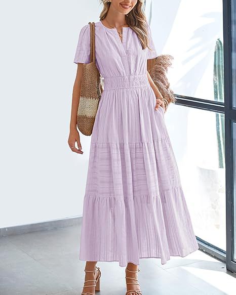 Women's V-Neck Smocked Waist Tiered Midi Dress — Flowy Puff Sleeve Boho Maxi Dress with Elastic Waist & Ruffle Tiered Skirt, Summer Casual Party Dress in 14 Colors S–XXL