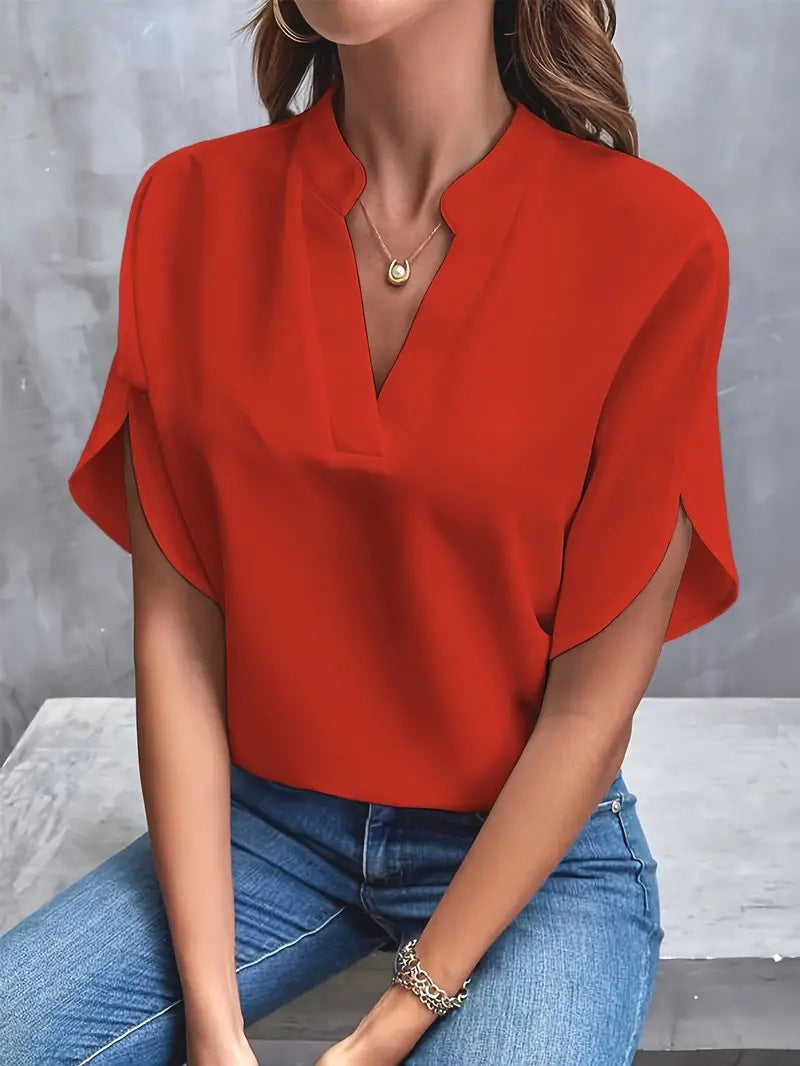 Women's V-Neck Chiffon Blouse — Wrinkle-Free Relaxed Fit Short Sleeve Pullover Shirt, Elegant Casual Summer Top in 7 Colors, S–2XL