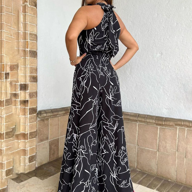 Summer New Arrival Ins Style Women's Round Neck Tie Waist Slim Fit Printed Jumpsuit