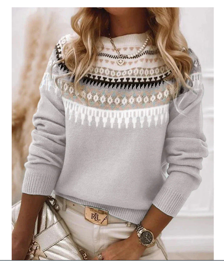 Women's Vintage Colorblock Knit Sweater | Boho Folk Floral Crew Neck Oversized Pullover | Fall Winter Top