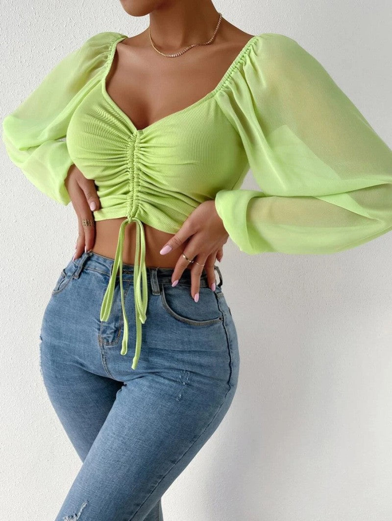 Ruched Front Crop Top for Women | V-Neck Lantern Sleeve Drawstring Fitted Blouse | Sexy Club Party Shirt