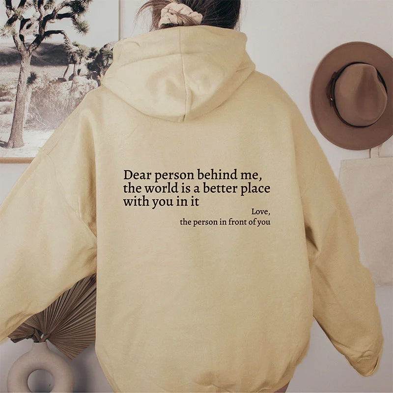 Women's Fleece Graphic Hoodie | "Dear Person Behind Me" Letter Print Oversized Pullover Sweatshirt | S-5XL