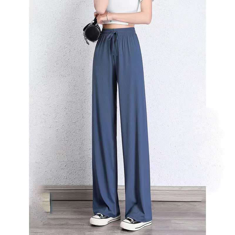 Women's Ice Silk Wide Leg Pants — High Waist Drawstring Flowy Trousers for Summer, Petite-Friendly Straight-Cut Lounge Pants