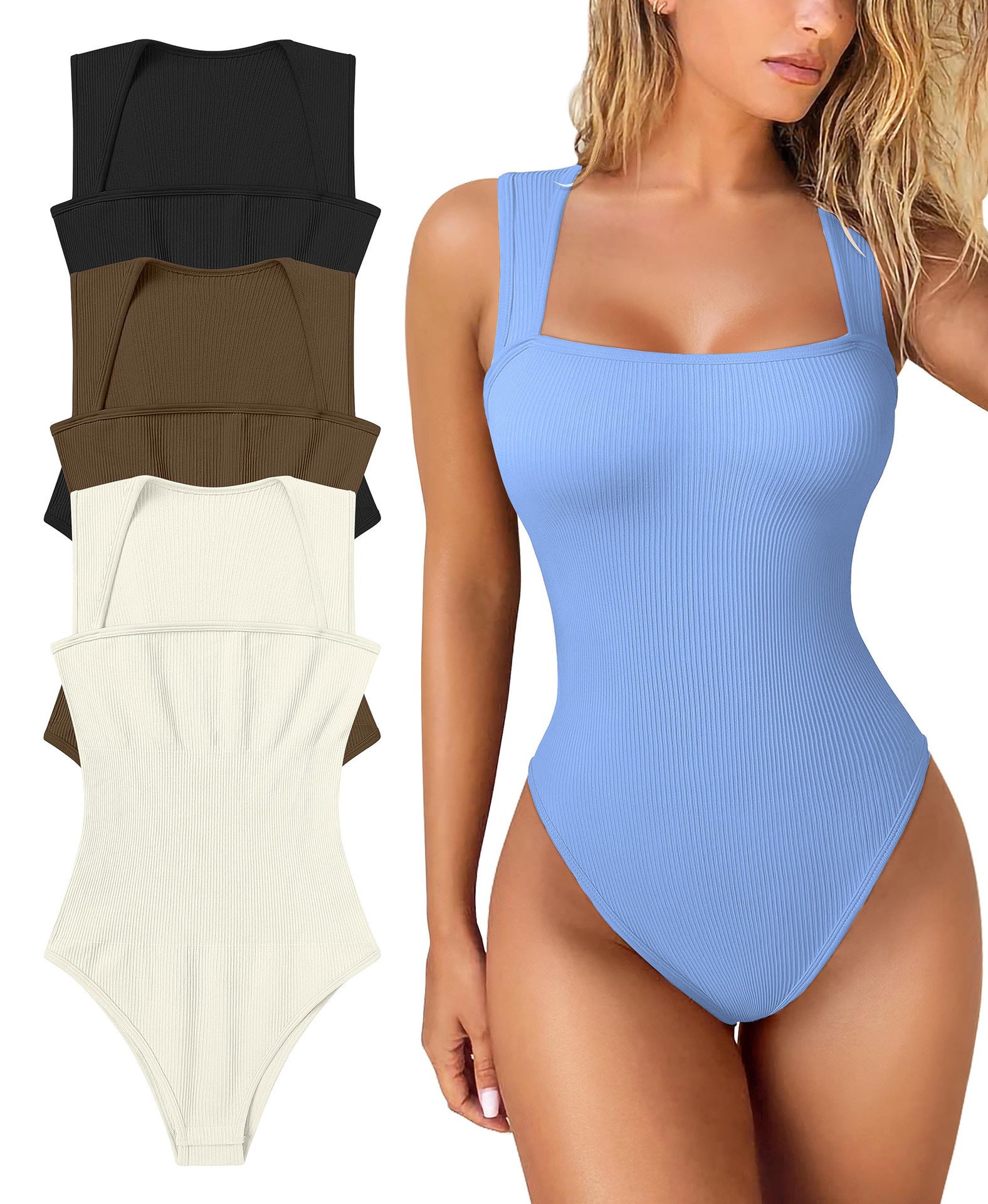 Women's Ribbed Square Neck Bodysuit | Sleeveless Tummy Control Butt Lifting Thong Body Shaper