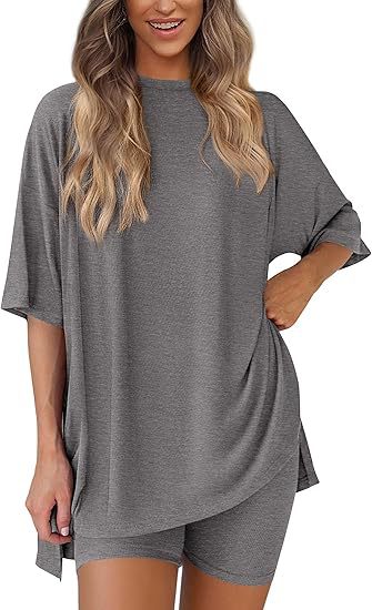 Women's Oversized Lounge Set 2 Piece — Short Sleeve Tee & Biker Shorts | Casual Comfy Matching Outfit
