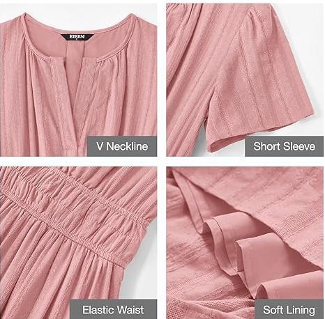 Women's V-Neck Smocked Waist Tiered Midi Dress — Flowy Puff Sleeve Boho Maxi Dress with Elastic Waist & Ruffle Tiered Skirt, Summer Casual Party Dress in 14 Colors S–XXL