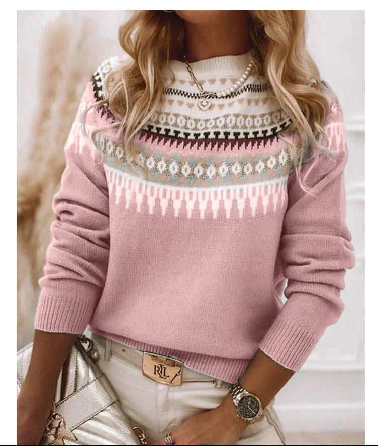 Women's Vintage Colorblock Knit Sweater | Boho Folk Floral Crew Neck Oversized Pullover | Fall Winter Top