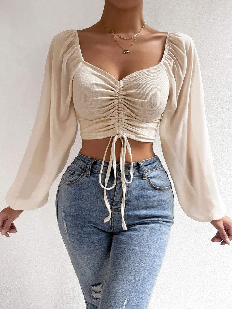 Ruched Front Crop Top for Women | V-Neck Lantern Sleeve Drawstring Fitted Blouse | Sexy Club Party Shirt