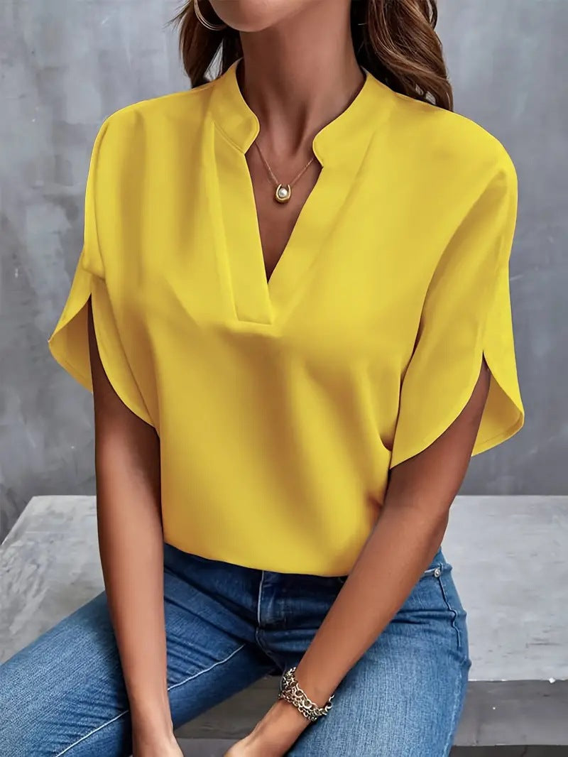 Women's V-Neck Chiffon Blouse — Wrinkle-Free Relaxed Fit Short Sleeve Pullover Shirt, Elegant Casual Summer Top in 7 Colors, S–2XL