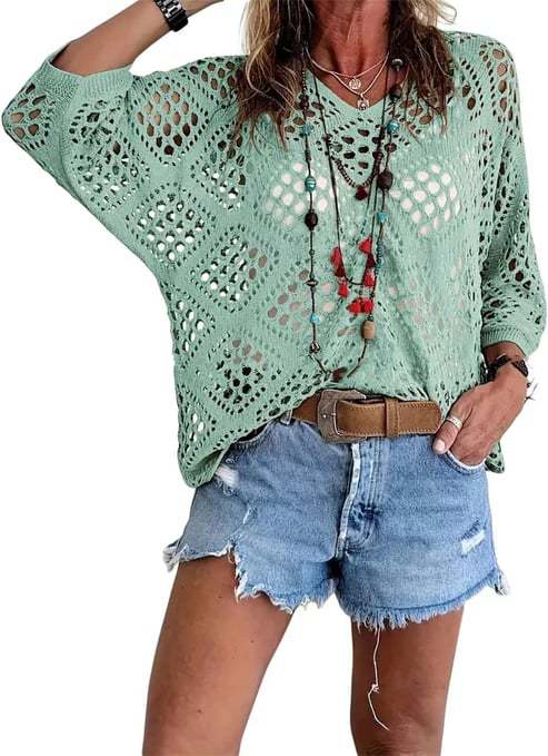 Women's Boho Crochet Hollow-Out Knit Top | V-Neck Batwing Sleeve Beach Cover-Up Sweater | S-5XL