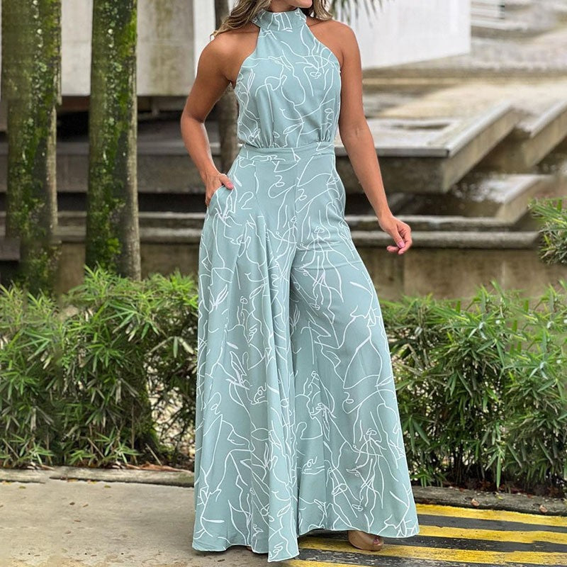 Summer New Arrival Ins Style Women's Round Neck Tie Waist Slim Fit Printed Jumpsuit
