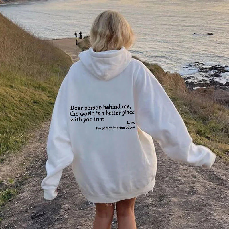 Women's Fleece Graphic Hoodie | "Dear Person Behind Me" Letter Print Oversized Pullover Sweatshirt | S-5XL