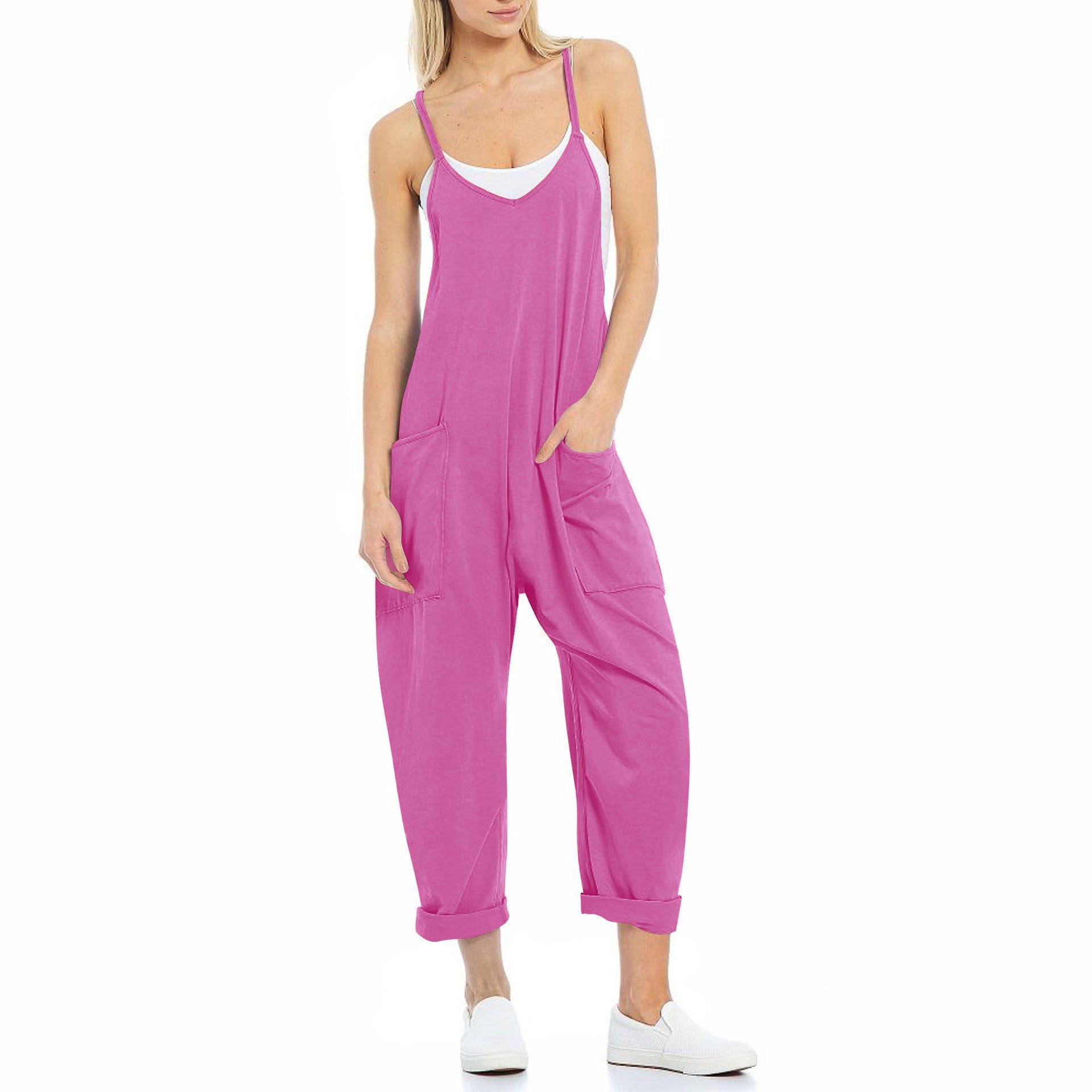Women's Spaghetti Strap Loose Jumpsuit — Soft Fleece Relaxed Fit One-Piece with Deep Patch Pockets & Adjustable Straps, Cropped Leg Romper in 10+ Colors