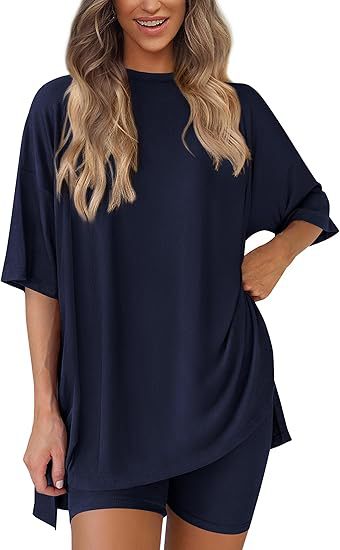 Women's Oversized Lounge Set 2 Piece — Short Sleeve Tee & Biker Shorts | Casual Comfy Matching Outfit
